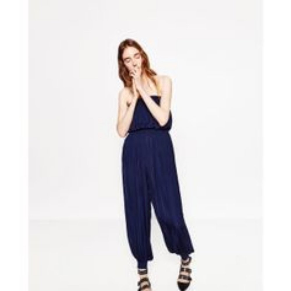 Zara Navy Blue Silky Jumpsuit L